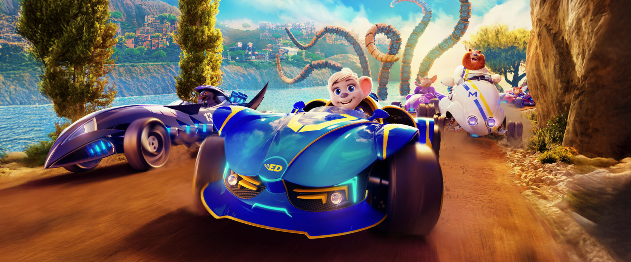 Animated film still from "Grand Prix of Europe" featuring Edda the mouse racing a car along the coastline of an Italian lake.