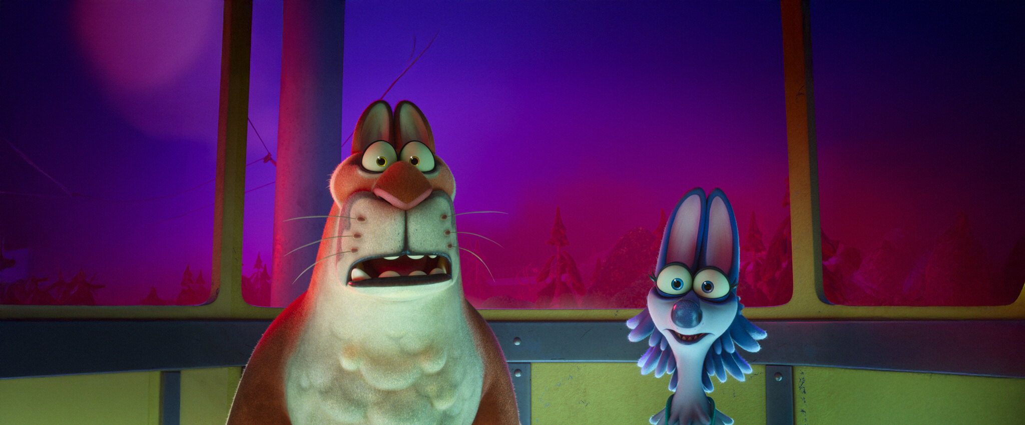 Still from "Night of the Zoopocalypse" of the animated characters Gracie and Dan looking scared by something they're both seeing.