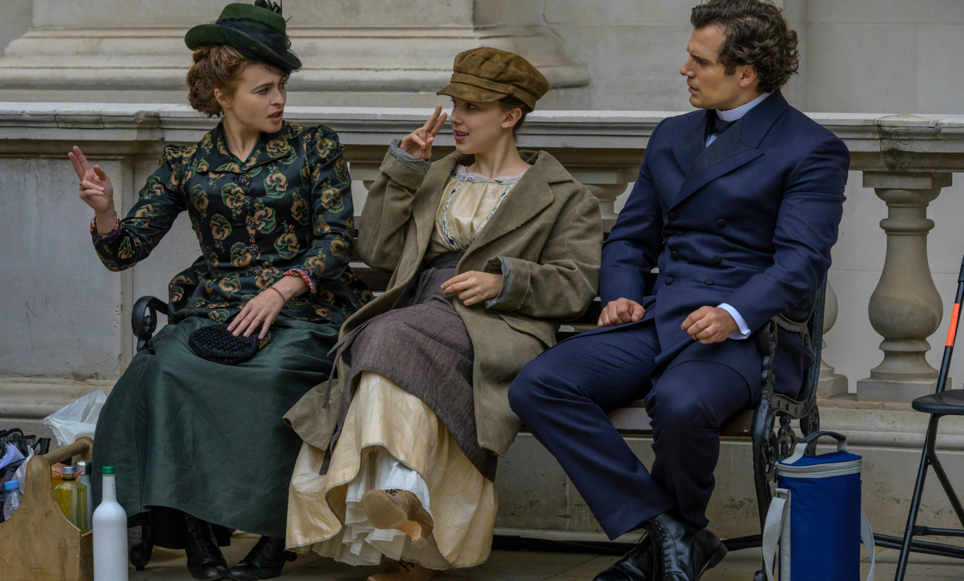 Helena Bonham Carter, Millie Bobby Brown, and Henry Cavill in between takes