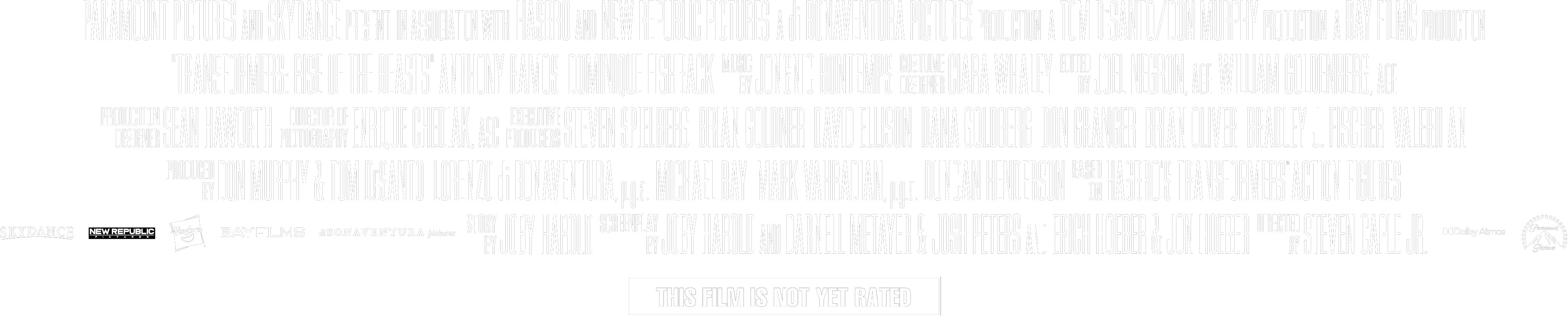 A collection of legal and credit logos for Transformers: Rise of the Beasts